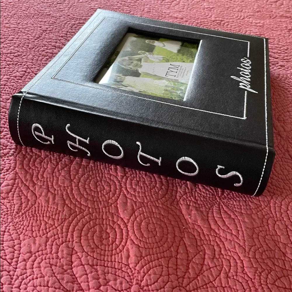 New Black Photo Album with White embroidered Stitching & cover photo display